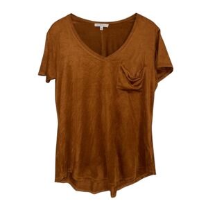 Another Love Womens V-Neck Faux Suede Pocket T-Shirt Cognac Brown VCKN1000S2TBC